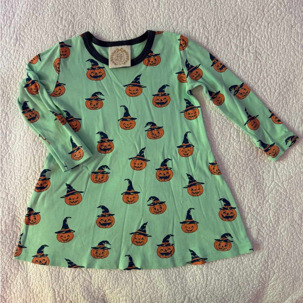 EUC TBBC Mint Green Halloween Pumpkin Witch Hat Print Long Sleeve Dress Size 2T